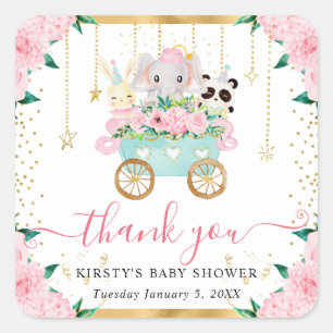 Sticker Carré Animaux de cirque Fleurs Rose Aquarelle Baby Showe