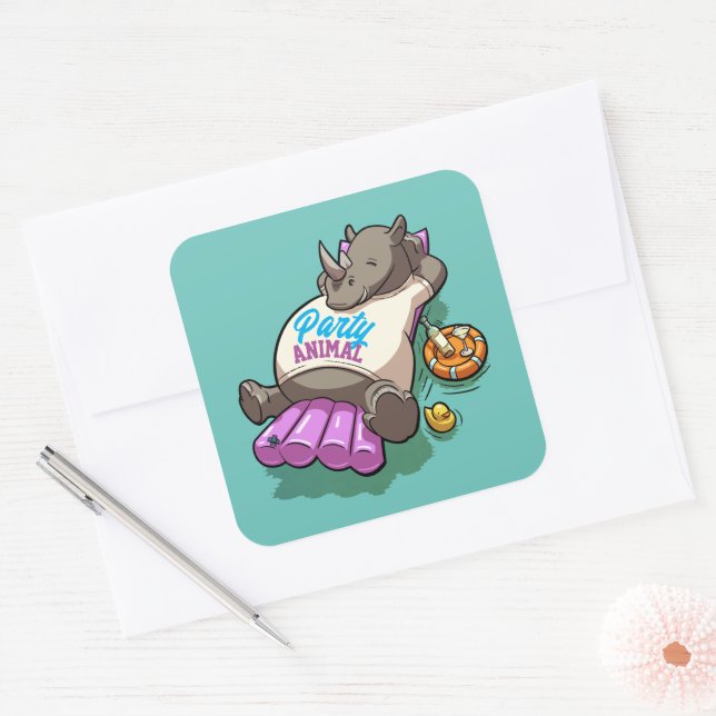 Sticker Carré Animaux de fête Rhino Funny Pool Dessin gonflable (Enveloppe)