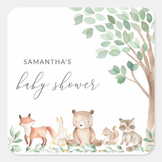 Sticker Carré Animaux de forêt Baby shower neutre pour les homme (Devant)