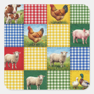 Sticker Carré Animaux de la ferme et courtepointe en patchwork à