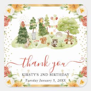 Sticker Carré Animaux de la forêt à l'aquarelle pour anniversair