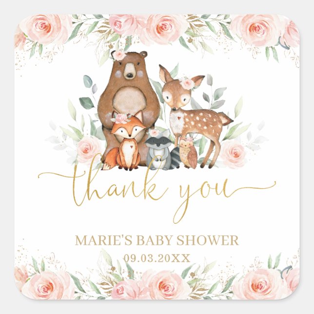 Sticker Carré Animaux de la forêt Blush Fleur Merci Favor   (Devant)
