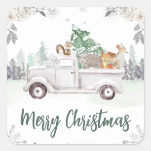 Sticker Carré Animaux de la Forêt Camion d'Hiver Noël