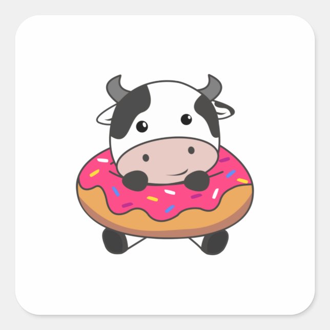 Sticker Carré Animaux De La Vache À Donut Kawaii Vaches Donuts (Devant)
