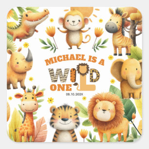 Sticker Carré Animaux de safari mignons Fête WILD ONE 1er annive