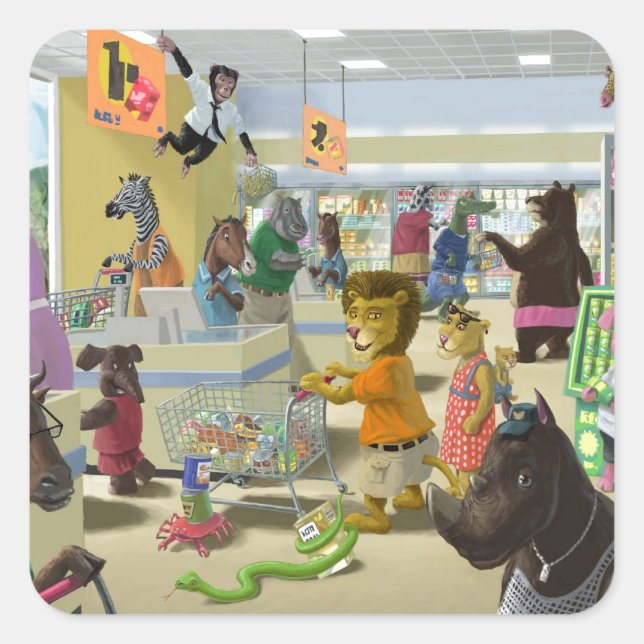 Sticker Carré animaux faisant leurs courses au supermarché (Devant)