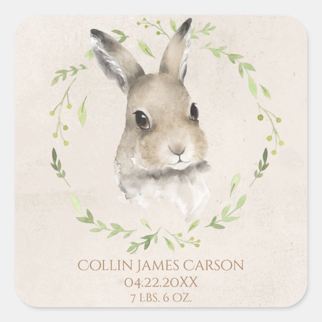 Sticker Carré Animaux forestiers Bunny Aquarelle Stats de naissa (Devant)