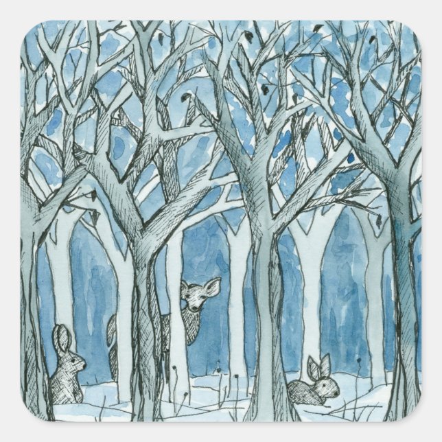 Sticker Carré Animaux forestiers Cerfs Arbres d'hiver Aquarelle (Devant)