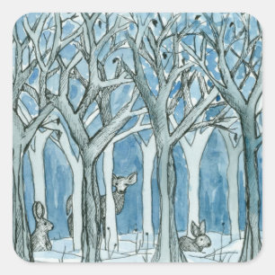 Sticker Carré Animaux forestiers Cerfs Arbres d'hiver Aquarelle