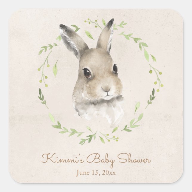 Sticker Carré Animaux forestiers Lapin Lapin Baby shower d'aquar (Devant)