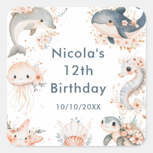 Sticker Carré Animaux sous-marins Fête d'anniversaire