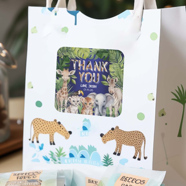 Sticker Carré Animaux thème Jungle Safari anniversaire merci (Navy Blue Wild one, Safari jungle animals themed birthday thank you stickers.)