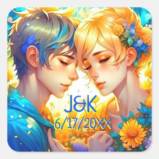 Sticker Carré Anime Boy and Girl Floral Couple Personnalisé (Devant)