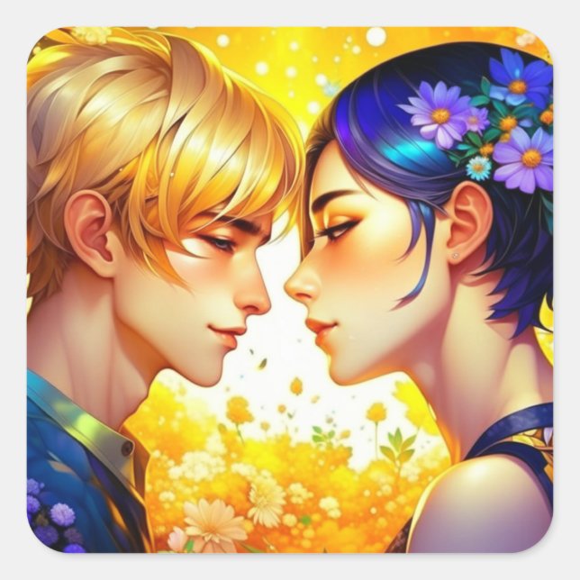 Sticker Carré Anime Boy and Girl in Love Romantic Flirty (Devant)