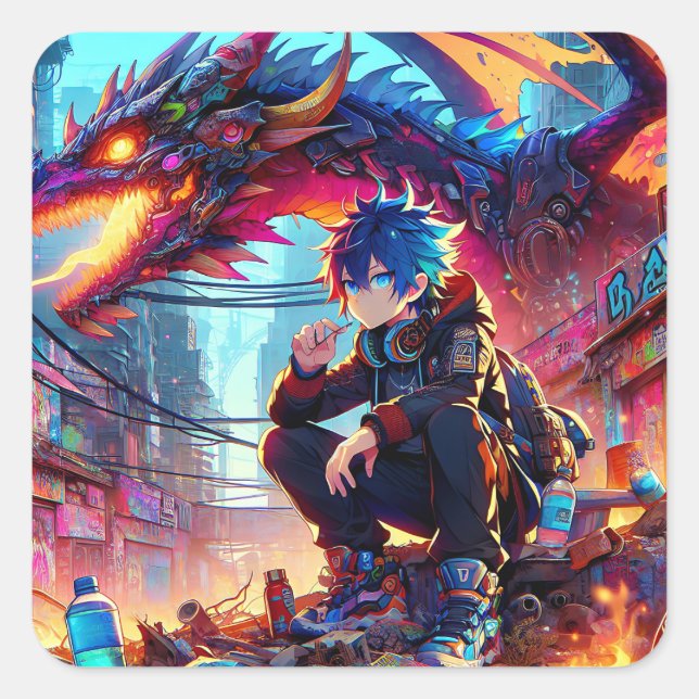Sticker Carré Anime Boy et Dragon dans un monde dystopique (Devant)