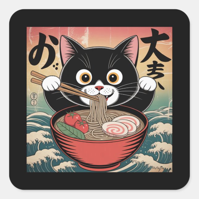 Sticker Carré Anime Chat Manger Ramen Amusant Japonais Style Rét (Devant)