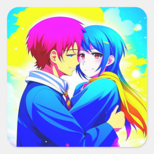 Sticker Carré Anime Couple se serrant rose et bleu