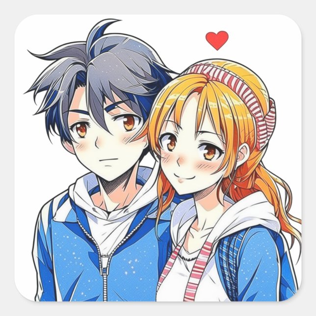 Sticker Carré Anime garçon et fille couple avec coeur (Devant)