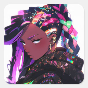 Sticker Carré Anime Girl African American Art