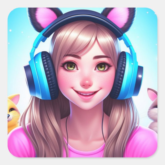 Sticker Carré Anime Girl avec casque de jeu (Devant)