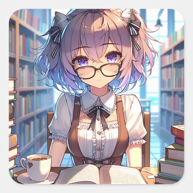 Sticker Carré Anime Girl avec lunettes à la bibliothèque (Devant)