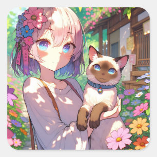 Sticker Carré Anime Girl et chat siamois