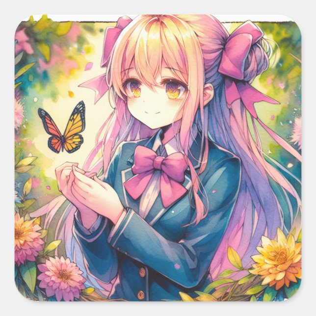 Sticker Carré Anime Girl et papillon Ai Art (Devant)