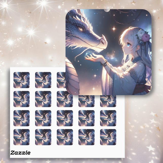 Sticker Carré Anime Girl et son dragon Mystique (Créateur téléchargé)
