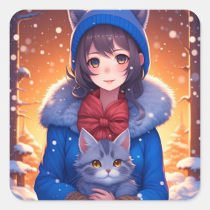 Sticker Carré Anime Girl et un Kitten Noël d'hiver