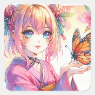 Sticker Carré Anime Girl Holding a Butterfly Ai Art