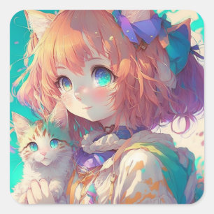 Sticker Carré Anime Girl Holding an Adorable Kitten