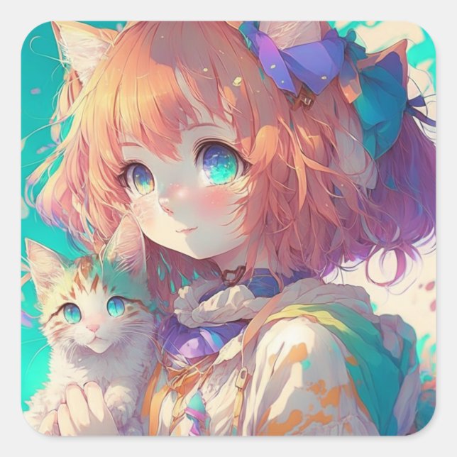 Sticker Carré Anime Girl Holding an Adorable Kitten (Devant)