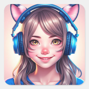 Sticker Carré Anime Girl in Gaming or Music Headphones