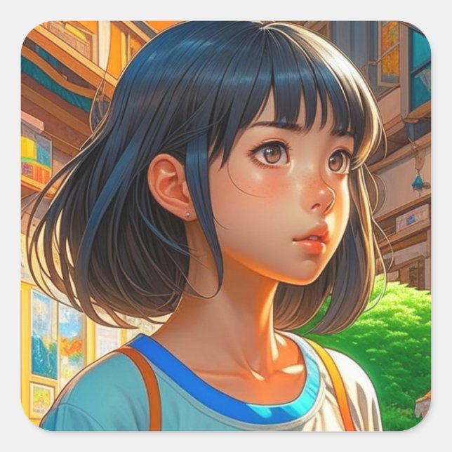 Sticker Carré Anime Girl in the City Colorful Artsy (Devant)