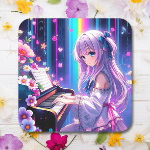 Sticker Carré Anime Girl Jouer Piano