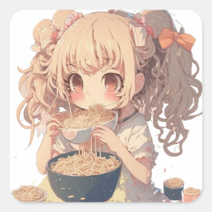 Sticker Carré Anime Girl Mange Ramen nouilles