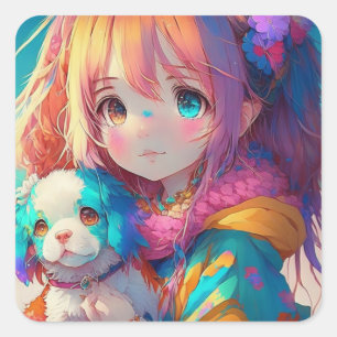 Sticker Carré Anime Girl with Puppy