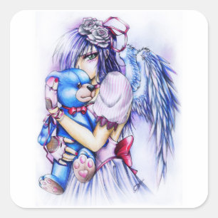 Sticker Carré Anime Gothique Rose Angel Girl Avec Teddy