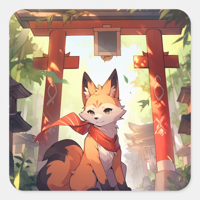 Sticker Carré Anime Kitsune Cute Fox Imaginaire Art (Devant)