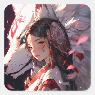 Sticker Carré Anime Kitsune Girl Cute Fox Imaginaire Art