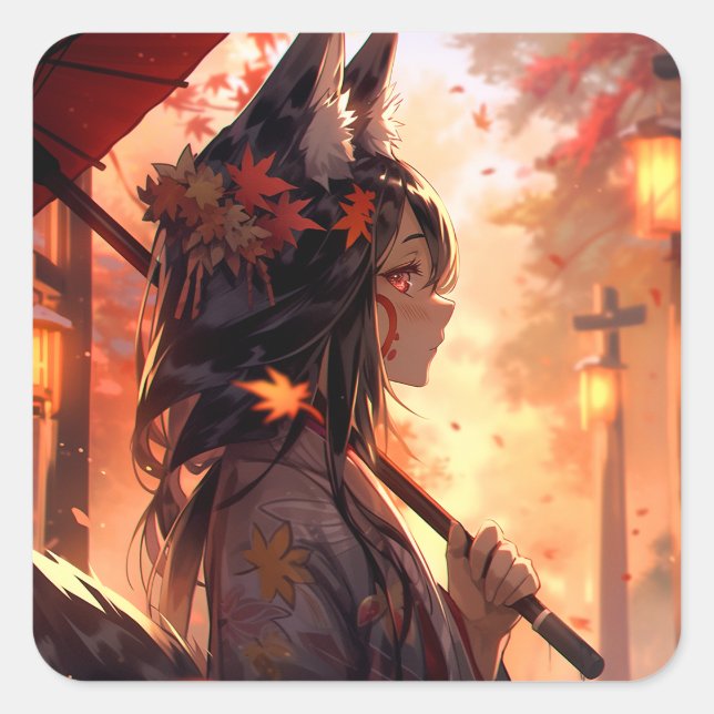 Sticker Carré Anime Kitsune Girl Cute Fox Imaginaire Art (Devant)
