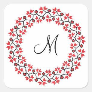 Sticker Carré Anneau de fleurs rouges Monogramme personnalisé I