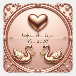 Sticker Carré Anneaux de mariage cygne en or rose floral