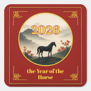 Sticker Carré Année du Cheval 2026 Nouvel An Chinois Montagne