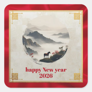 Sticker Carré Année du Cheval 2026 Nouvel An Chinois Montagne