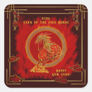 Sticker Carré Année du Cheval de Feu , Bonne Année Lunaire