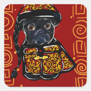 Sticker Carré Année du Chien Carlin Noir