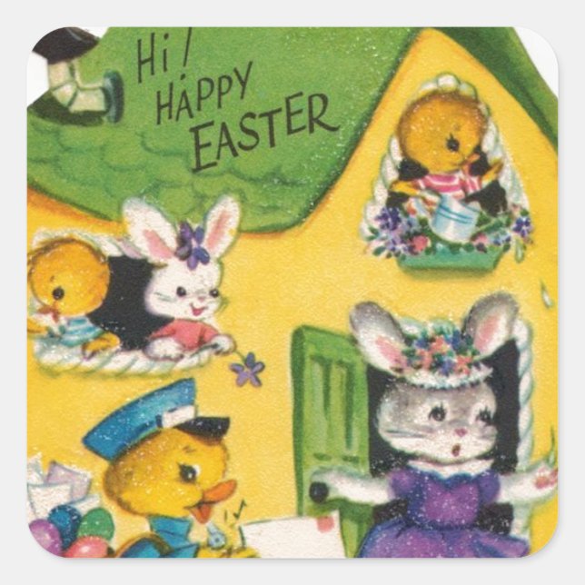 Sticker Carré Années 1950 Vintage Happy Easter Animals (Devant)