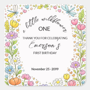 Sticker Carré Anniversaire 1 an Fleur Sauvage Peu Colorée Fantai