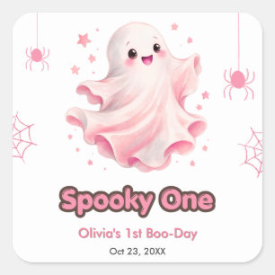 Sticker Carré Anniversaire 1 an Halloween Fantôme Mignon Rose Sp